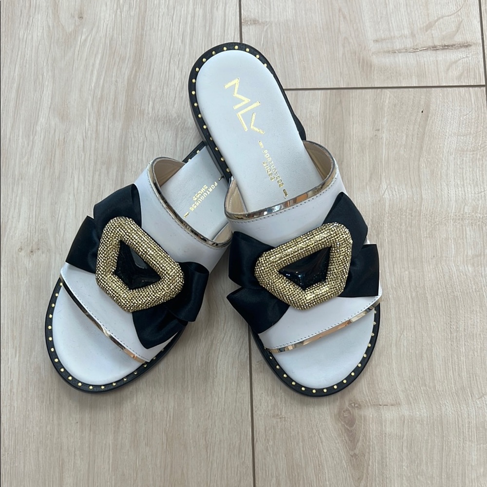 MLV White and Black Sandals with Gold Accents